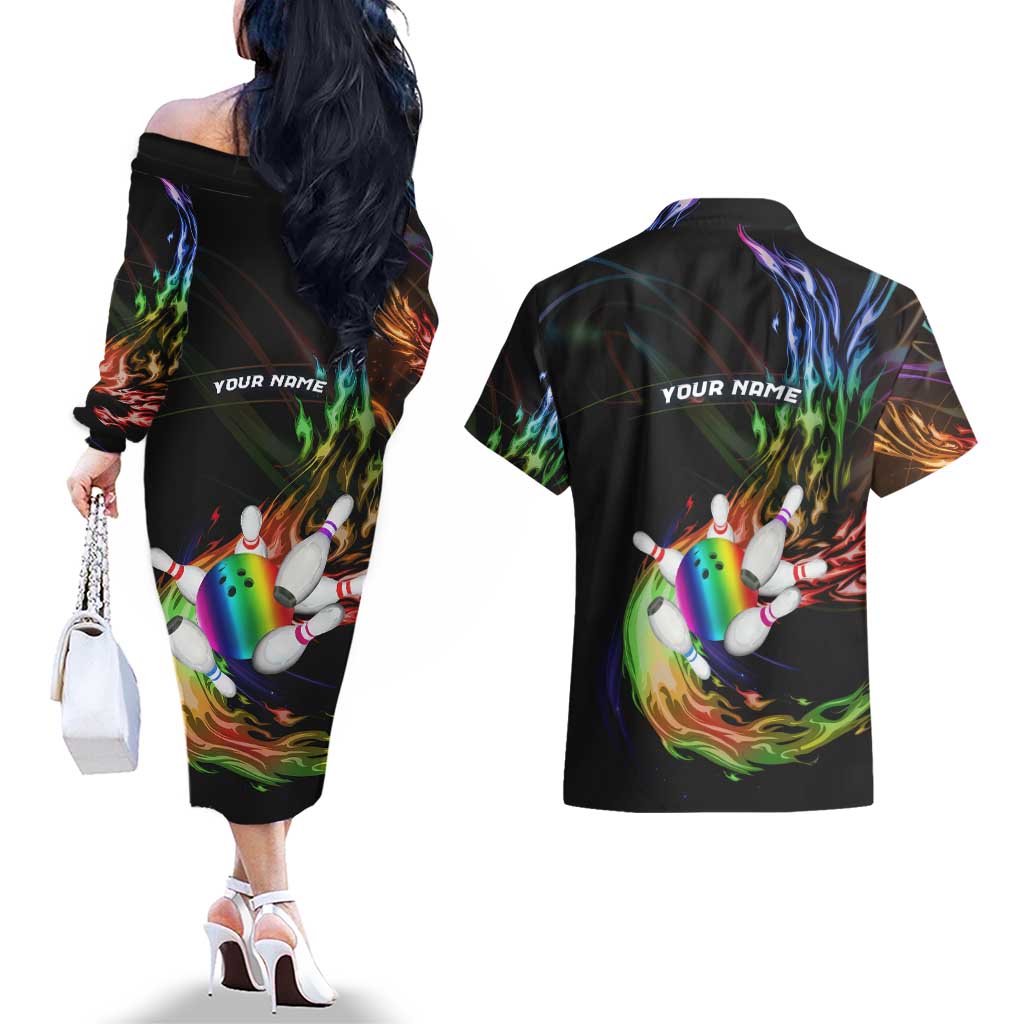 Custom Bowling Quarter Rainbow fFame Bowling Ball Couples Matching Off The Shoulder Long Sleeve Dress and Hawaiian Shirt with Colorful Flaming Strike Design Rainbow Ball - Wonder Print Shop