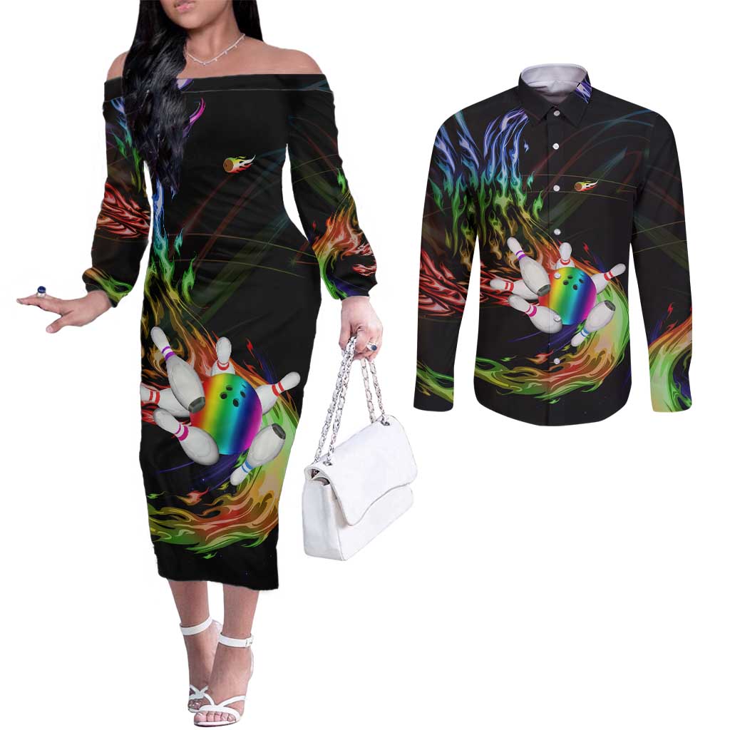 Custom Bowling Quarter Rainbow fFame Bowling Ball Couples Matching Off The Shoulder Long Sleeve Dress and Long Sleeve Button Shirt with Colorful Flaming Strike Design Rainbow Ball - Wonder Print Shop