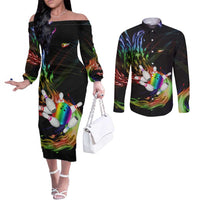 Custom Bowling Quarter Rainbow fFame Bowling Ball Couples Matching Off The Shoulder Long Sleeve Dress and Long Sleeve Button Shirt with Colorful Flaming Strike Design Rainbow Ball - Wonder Print Shop