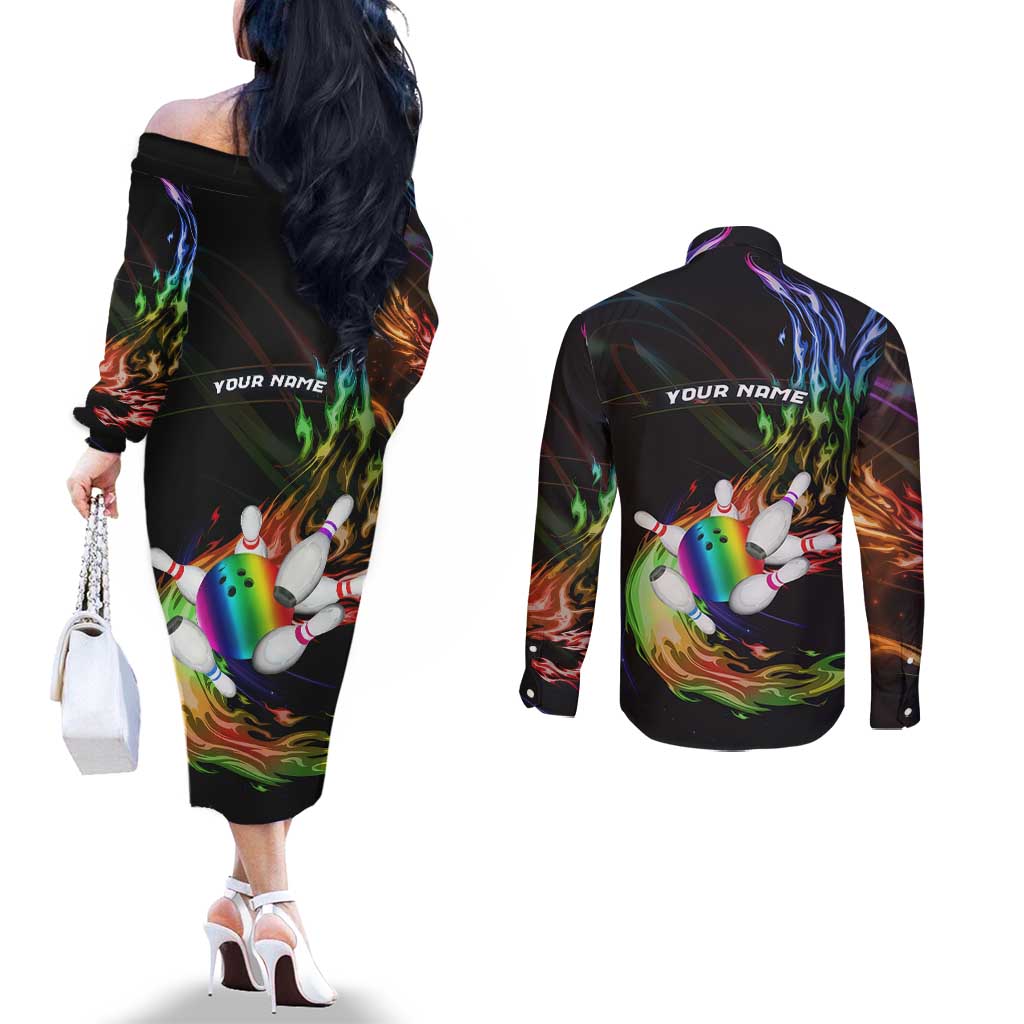 Custom Bowling Quarter Rainbow fFame Bowling Ball Couples Matching Off The Shoulder Long Sleeve Dress and Long Sleeve Button Shirt with Colorful Flaming Strike Design Rainbow Ball - Wonder Print Shop