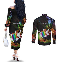 Custom Bowling Quarter Rainbow fFame Bowling Ball Couples Matching Off The Shoulder Long Sleeve Dress and Long Sleeve Button Shirt with Colorful Flaming Strike Design Rainbow Ball - Wonder Print Shop