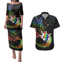 Custom Bowling Quarter Rainbow fFame Bowling Ball Couples Matching Puletasi and Hawaiian Shirt with Colorful Flaming Strike Design Rainbow Ball - Wonder Print Shop