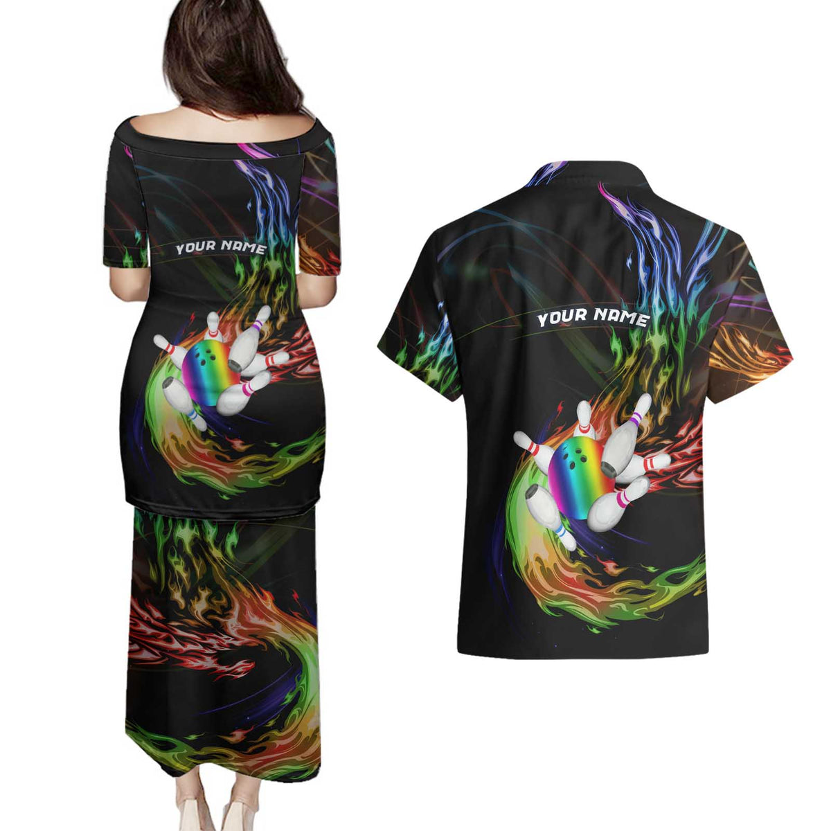 Custom Bowling Quarter Rainbow fFame Bowling Ball Couples Matching Puletasi and Hawaiian Shirt with Colorful Flaming Strike Design Rainbow Ball - Wonder Print Shop
