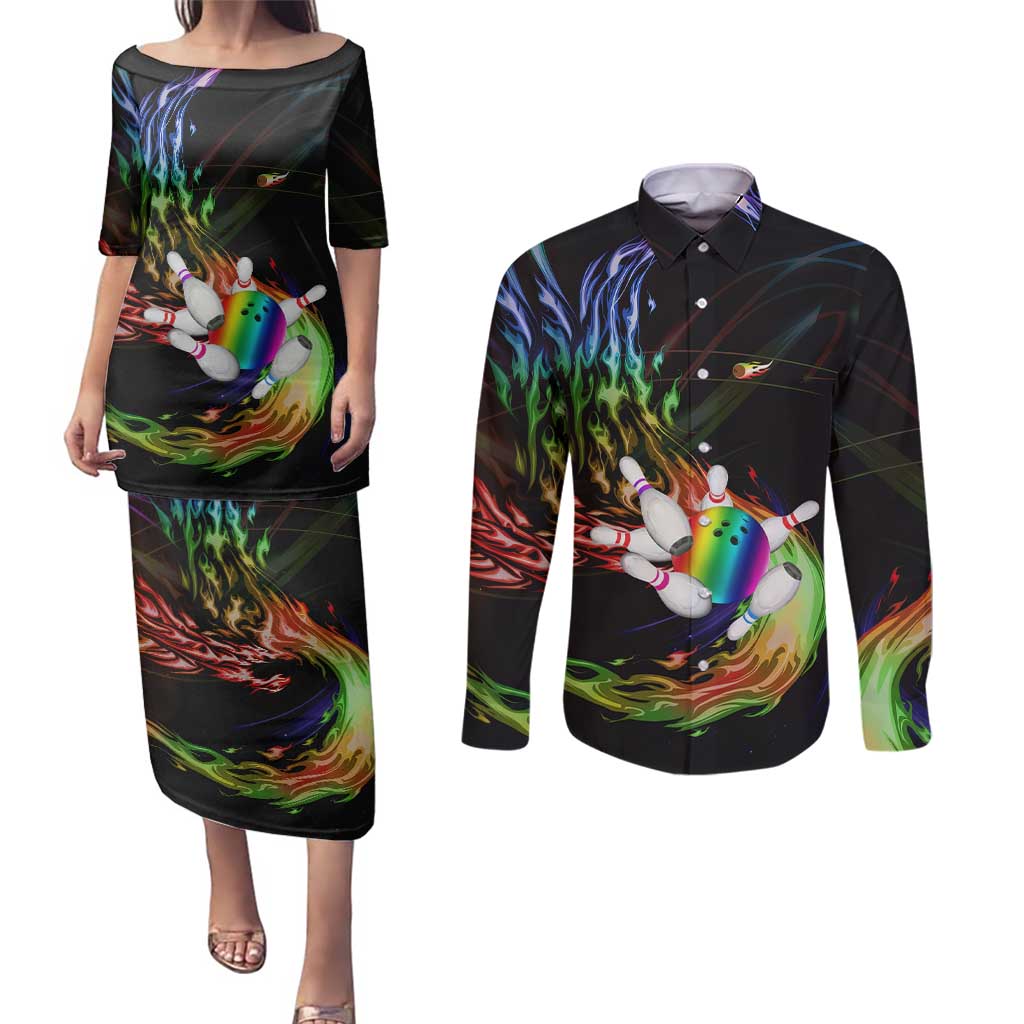 Custom Bowling Quarter Rainbow fFame Bowling Ball Couples Matching Puletasi and Long Sleeve Button Shirt with Colorful Flaming Strike Design Rainbow Ball - Wonder Print Shop