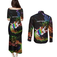Custom Bowling Quarter Rainbow fFame Bowling Ball Couples Matching Puletasi and Long Sleeve Button Shirt with Colorful Flaming Strike Design Rainbow Ball - Wonder Print Shop