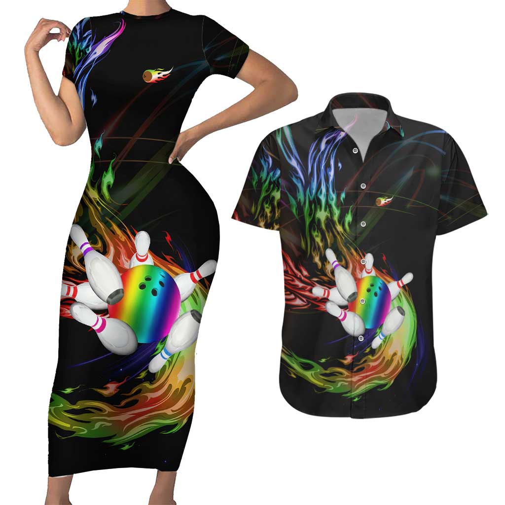 Custom Bowling Quarter Rainbow fFame Bowling Ball Couples Matching Short Sleeve Bodycon Dress and Hawaiian Shirt with Colorful Flaming Strike Design Rainbow Ball - Wonder Print Shop