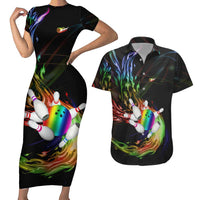 Custom Bowling Quarter Rainbow fFame Bowling Ball Couples Matching Short Sleeve Bodycon Dress and Hawaiian Shirt with Colorful Flaming Strike Design Rainbow Ball - Wonder Print Shop