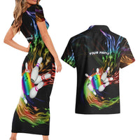 Custom Bowling Quarter Rainbow fFame Bowling Ball Couples Matching Short Sleeve Bodycon Dress and Hawaiian Shirt with Colorful Flaming Strike Design Rainbow Ball - Wonder Print Shop