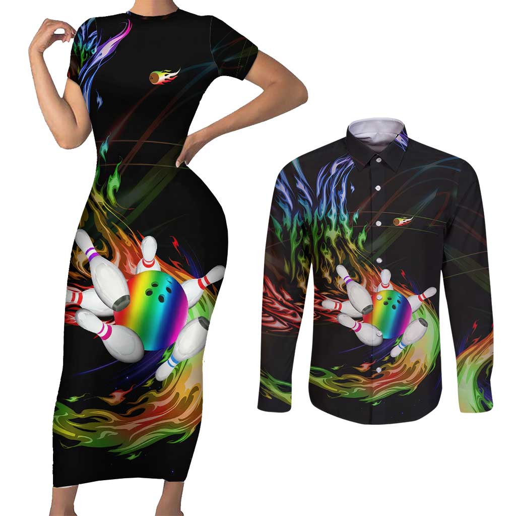 Custom Bowling Quarter Rainbow fFame Bowling Ball Couples Matching Short Sleeve Bodycon Dress and Long Sleeve Button Shirt with Colorful Flaming Strike Design Rainbow Ball - Wonder Print Shop