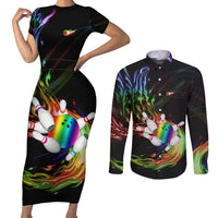 Custom Bowling Quarter Rainbow fFame Bowling Ball Couples Matching Short Sleeve Bodycon Dress and Long Sleeve Button Shirt with Colorful Flaming Strike Design Rainbow Ball - Wonder Print Shop