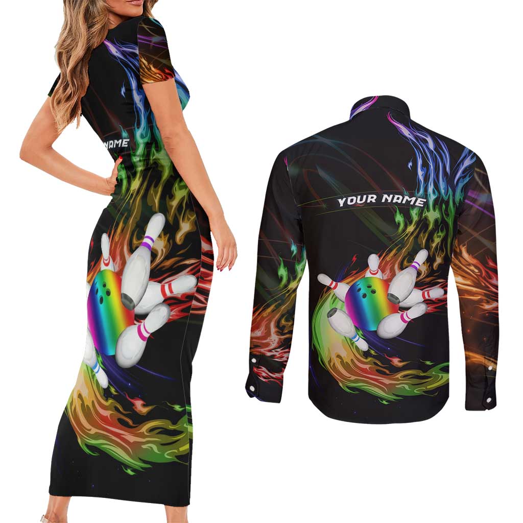 Custom Bowling Quarter Rainbow fFame Bowling Ball Couples Matching Short Sleeve Bodycon Dress and Long Sleeve Button Shirt with Colorful Flaming Strike Design Rainbow Ball - Wonder Print Shop