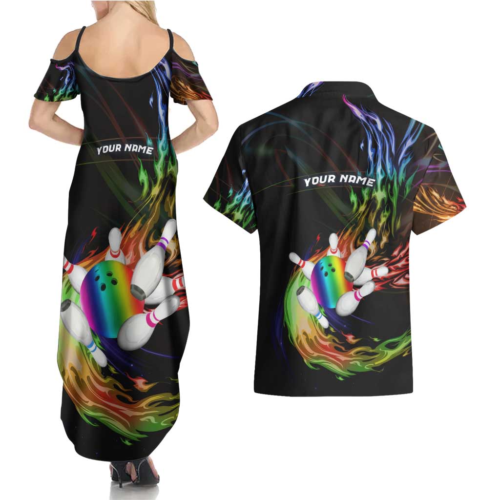 Custom Bowling Quarter Rainbow fFame Bowling Ball Couples Matching Summer Maxi Dress and Hawaiian Shirt with Colorful Flaming Strike Design Rainbow Ball - Wonder Print Shop
