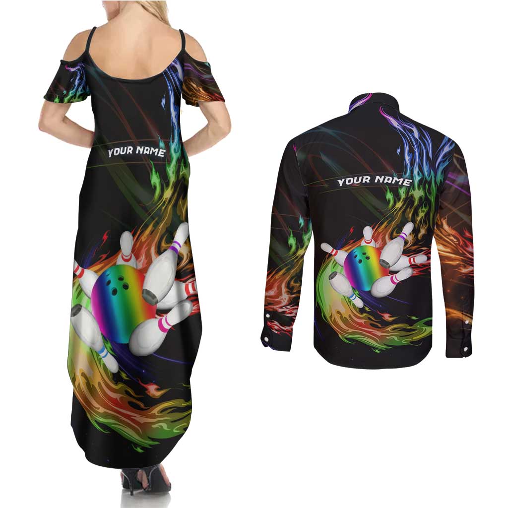 Custom Bowling Quarter Rainbow fFame Bowling Ball Couples Matching Summer Maxi Dress and Long Sleeve Button Shirt with Colorful Flaming Strike Design Rainbow Ball - Wonder Print Shop