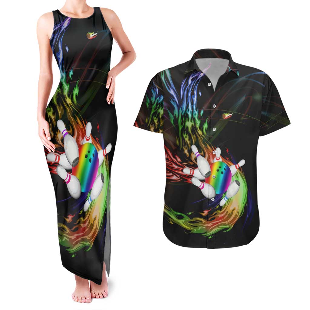 Custom Bowling Quarter Rainbow fFame Bowling Ball Couples Matching Tank Maxi Dress and Hawaiian Shirt with Colorful Flaming Strike Design Rainbow Ball - Wonder Print Shop