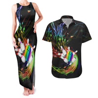 Custom Bowling Quarter Rainbow fFame Bowling Ball Couples Matching Tank Maxi Dress and Hawaiian Shirt with Colorful Flaming Strike Design Rainbow Ball - Wonder Print Shop