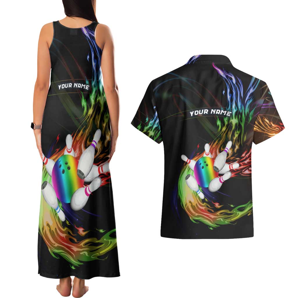 Custom Bowling Quarter Rainbow fFame Bowling Ball Couples Matching Tank Maxi Dress and Hawaiian Shirt with Colorful Flaming Strike Design Rainbow Ball - Wonder Print Shop