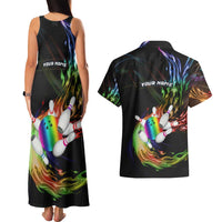 Custom Bowling Quarter Rainbow fFame Bowling Ball Couples Matching Tank Maxi Dress and Hawaiian Shirt with Colorful Flaming Strike Design Rainbow Ball - Wonder Print Shop