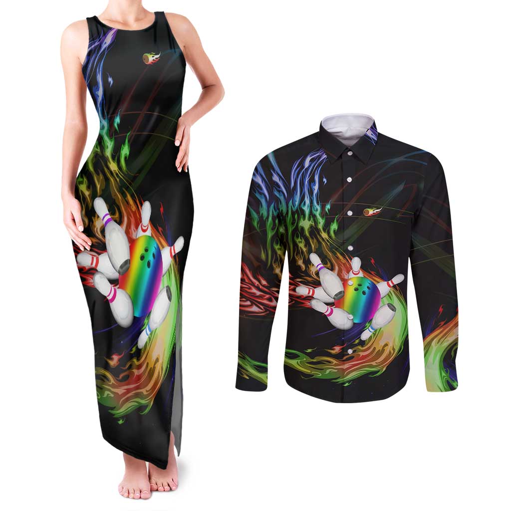 Custom Bowling Quarter Rainbow fFame Bowling Ball Couples Matching Tank Maxi Dress and Long Sleeve Button Shirt with Colorful Flaming Strike Design Rainbow Ball - Wonder Print Shop
