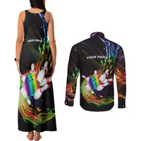 Custom Bowling Quarter Rainbow fFame Bowling Ball Couples Matching Tank Maxi Dress and Long Sleeve Button Shirt with Colorful Flaming Strike Design Rainbow Ball - Wonder Print Shop