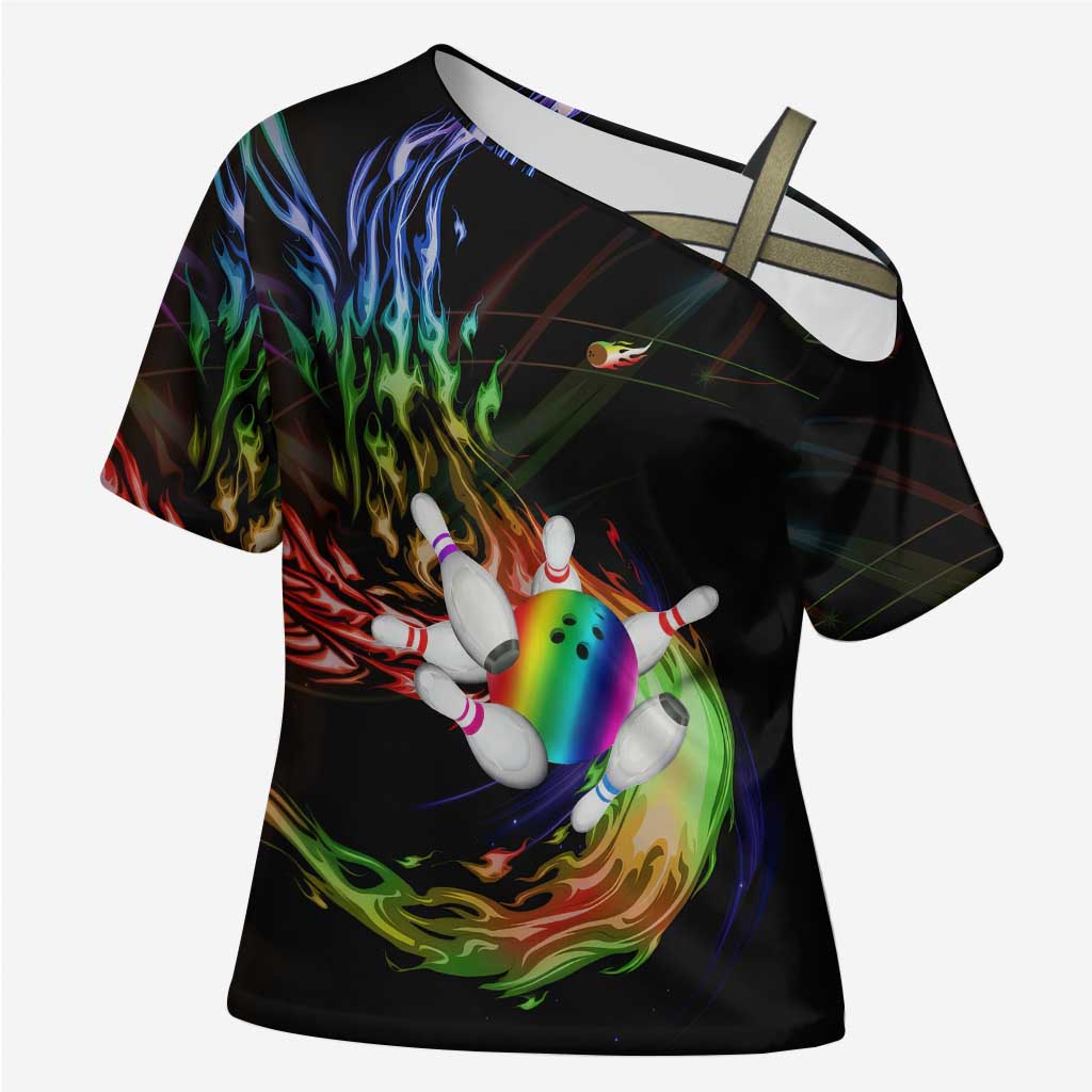 Custom Bowling Quarter Rainbow fFame Bowling Ball Cross Shoulder Shirt with Colorful Flaming Strike Design Rainbow Ball - Wonder Print Shop