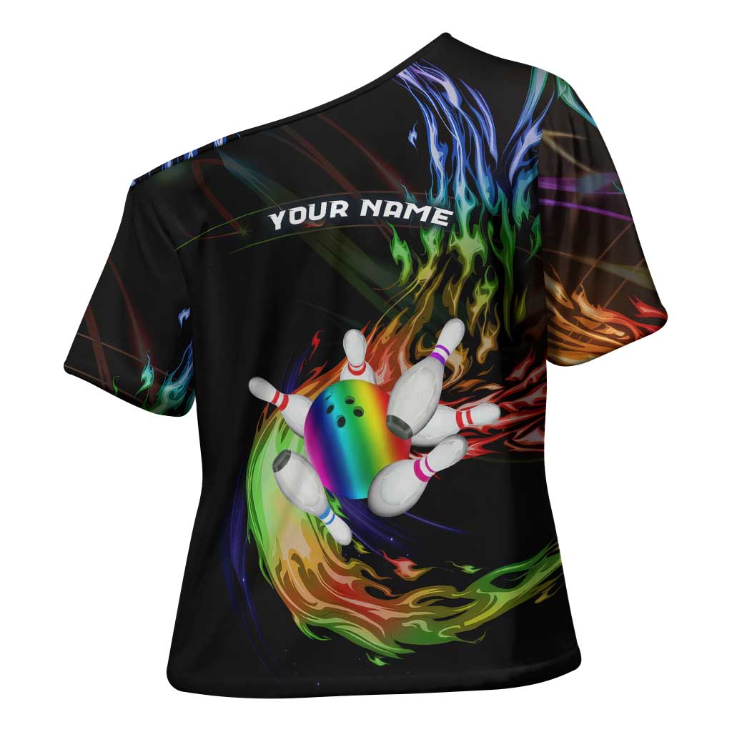Custom Bowling Quarter Rainbow fFame Bowling Ball Cross Shoulder Shirt with Colorful Flaming Strike Design Rainbow Ball - Wonder Print Shop