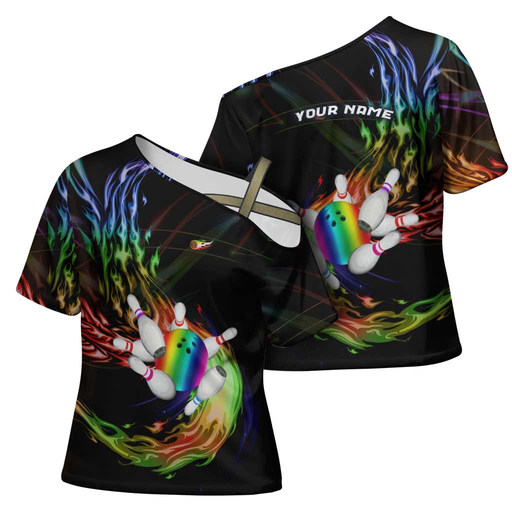 Custom Bowling Quarter Rainbow fFame Bowling Ball Cross Shoulder Shirt with Colorful Flaming Strike Design Rainbow Ball - Wonder Print Shop