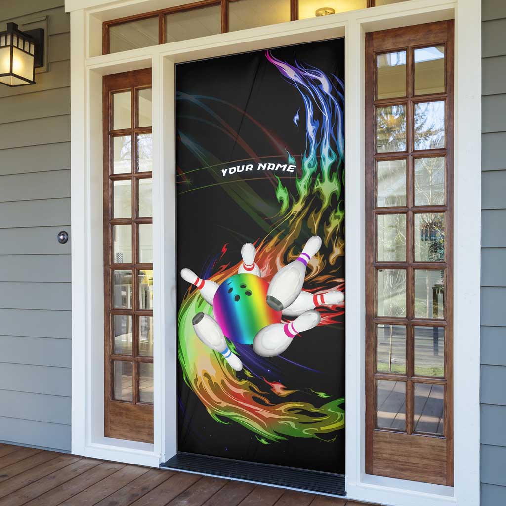 Custom Bowling Quarter Rainbow fFame Bowling Ball Door Cover with Colorful Flaming Strike Design Rainbow Ball - Wonder Print Shop