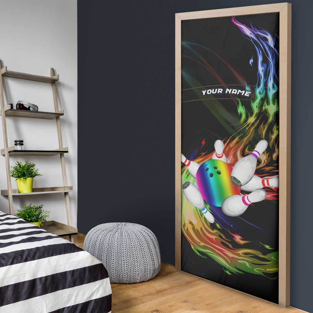 Custom Bowling Quarter Rainbow fFame Bowling Ball Door Cover with Colorful Flaming Strike Design Rainbow Ball - Wonder Print Shop