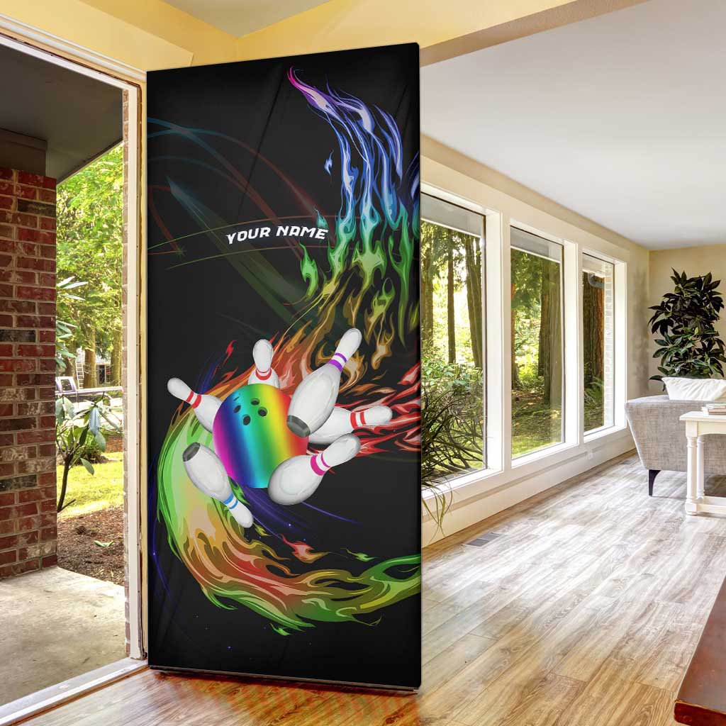 Custom Bowling Quarter Rainbow fFame Bowling Ball Door Cover with Colorful Flaming Strike Design Rainbow Ball - Wonder Print Shop
