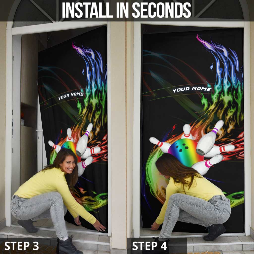 Custom Bowling Quarter Rainbow fFame Bowling Ball Door Cover with Colorful Flaming Strike Design Rainbow Ball - Wonder Print Shop
