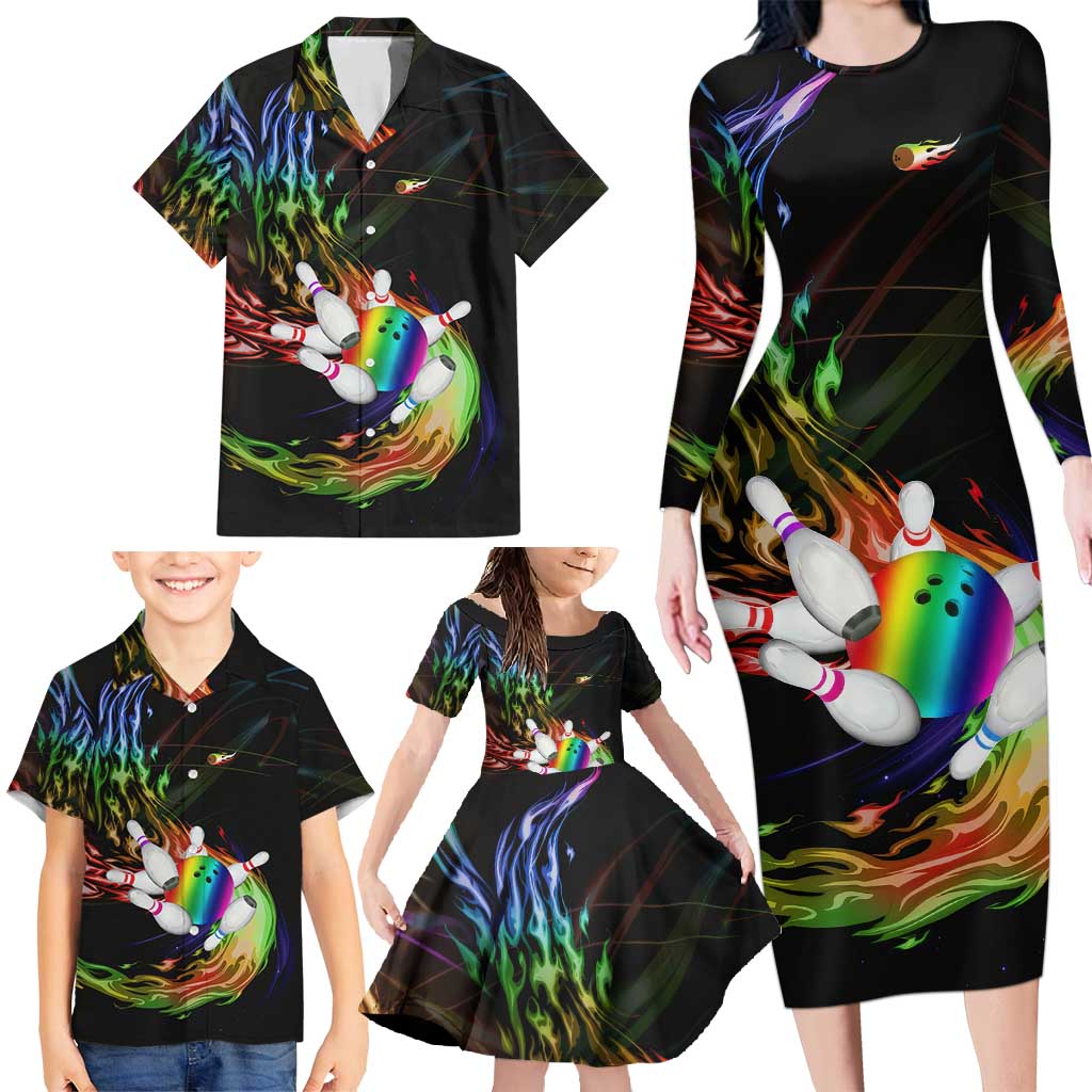 Custom Bowling Quarter Rainbow fFame Bowling Ball Family Matching Long Sleeve Bodycon Dress and Hawaiian Shirt with Colorful Flaming Strike Design Rainbow Ball - Wonder Print Shop
