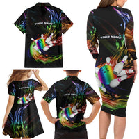 Custom Bowling Quarter Rainbow fFame Bowling Ball Family Matching Long Sleeve Bodycon Dress and Hawaiian Shirt with Colorful Flaming Strike Design Rainbow Ball - Wonder Print Shop