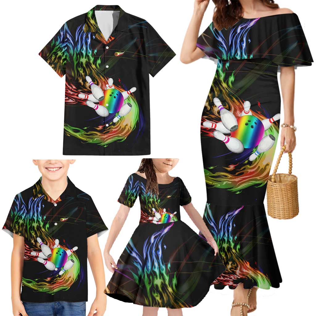 Custom Bowling Quarter Rainbow fFame Bowling Ball Family Matching Mermaid Dress and Hawaiian Shirt with Colorful Flaming Strike Design Rainbow Ball - Wonder Print Shop