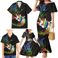Custom Bowling Quarter Rainbow fFame Bowling Ball Family Matching Mermaid Dress and Hawaiian Shirt with Colorful Flaming Strike Design Rainbow Ball - Wonder Print Shop