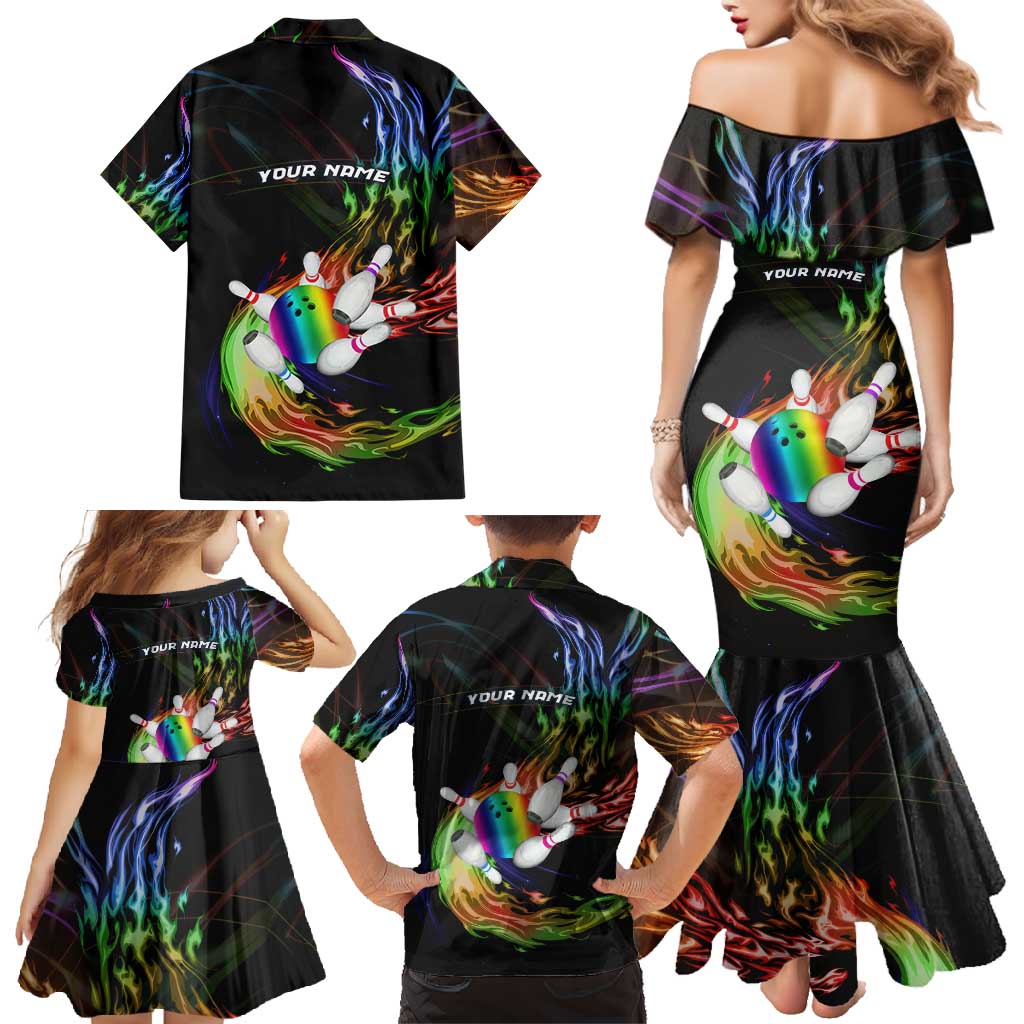 Custom Bowling Quarter Rainbow fFame Bowling Ball Family Matching Mermaid Dress and Hawaiian Shirt with Colorful Flaming Strike Design Rainbow Ball - Wonder Print Shop