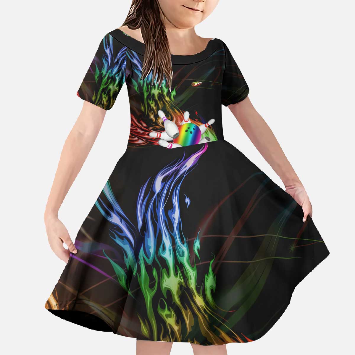 Custom Bowling Quarter Rainbow fFame Bowling Ball Family Matching Off The Shoulder Long Sleeve Dress and Hawaiian Shirt with Colorful Flaming Strike Design Rainbow Ball - Wonder Print Shop