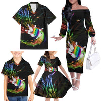 Custom Bowling Quarter Rainbow fFame Bowling Ball Family Matching Off The Shoulder Long Sleeve Dress and Hawaiian Shirt with Colorful Flaming Strike Design Rainbow Ball - Wonder Print Shop