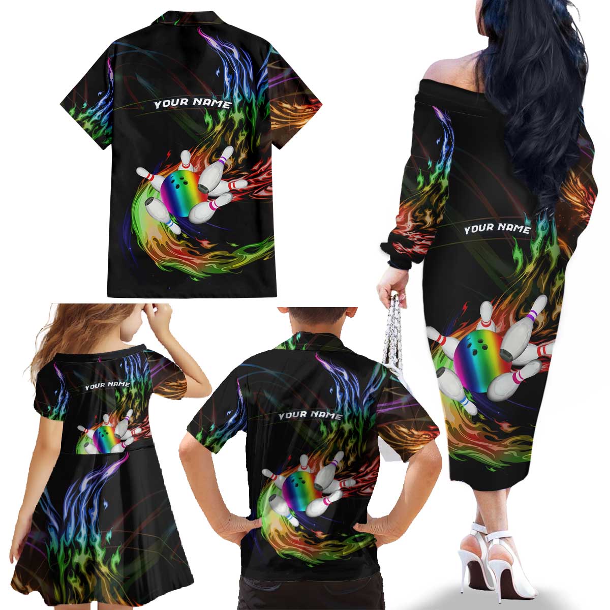 Custom Bowling Quarter Rainbow fFame Bowling Ball Family Matching Off The Shoulder Long Sleeve Dress and Hawaiian Shirt with Colorful Flaming Strike Design Rainbow Ball - Wonder Print Shop