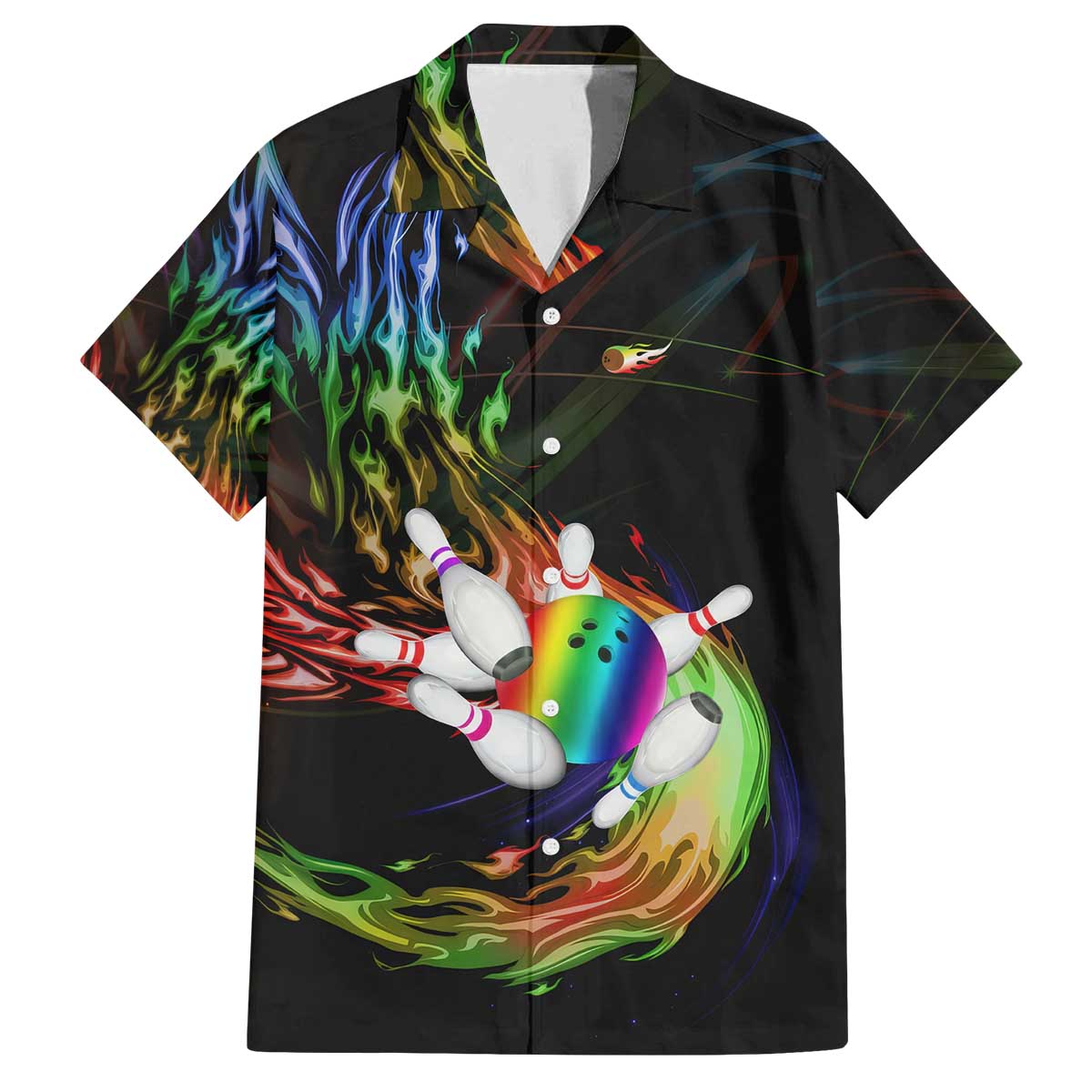 Custom Bowling Quarter Rainbow fFame Bowling Ball Family Matching Off The Shoulder Long Sleeve Dress and Hawaiian Shirt with Colorful Flaming Strike Design Rainbow Ball - Wonder Print Shop