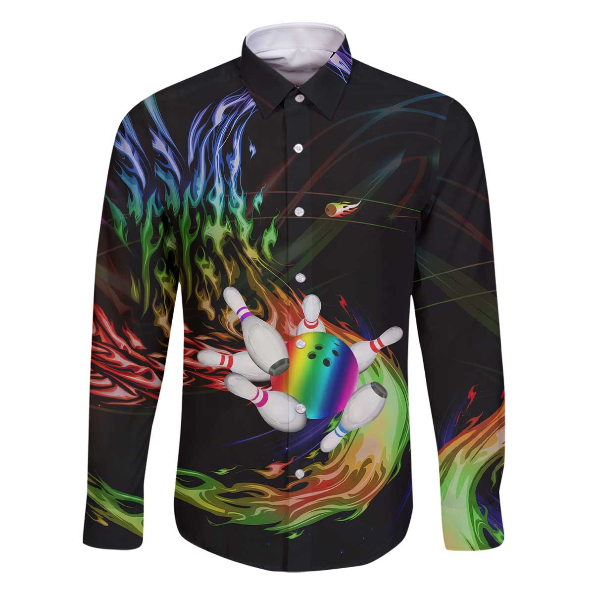 Custom Bowling Quarter Rainbow fFame Bowling Ball Family Matching Off The Shoulder Long Sleeve Dress and Hawaiian Shirt with Colorful Flaming Strike Design Rainbow Ball - Wonder Print Shop
