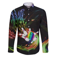 Custom Bowling Quarter Rainbow fFame Bowling Ball Family Matching Off The Shoulder Long Sleeve Dress and Hawaiian Shirt with Colorful Flaming Strike Design Rainbow Ball - Wonder Print Shop