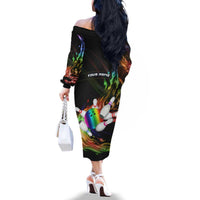 Custom Bowling Quarter Rainbow fFame Bowling Ball Family Matching Off The Shoulder Long Sleeve Dress and Hawaiian Shirt with Colorful Flaming Strike Design Rainbow Ball - Wonder Print Shop