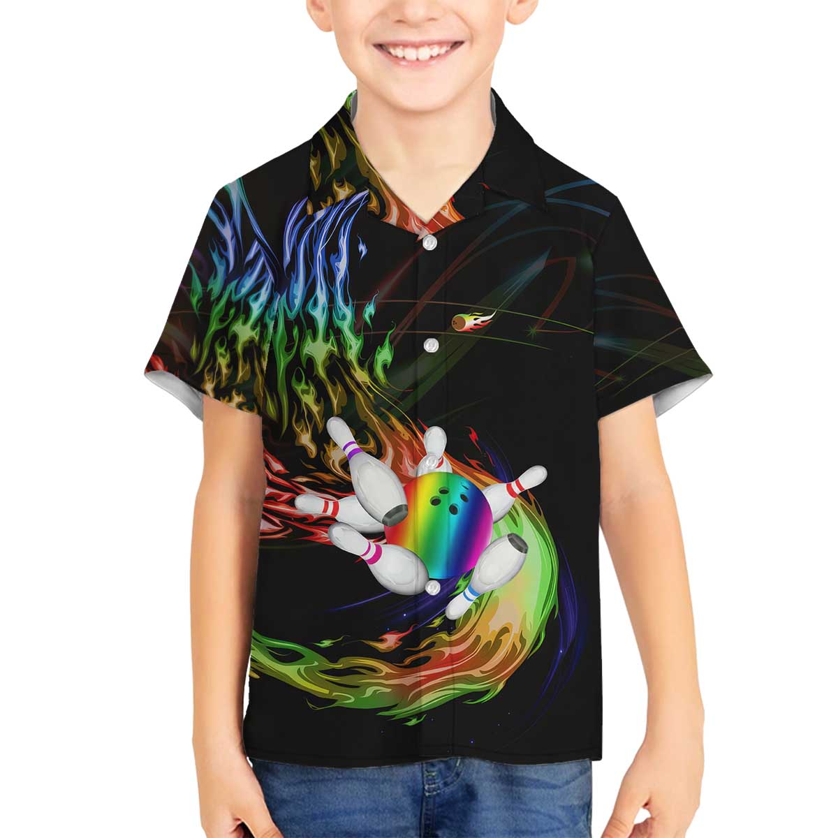 Custom Bowling Quarter Rainbow fFame Bowling Ball Family Matching Off The Shoulder Long Sleeve Dress and Hawaiian Shirt with Colorful Flaming Strike Design Rainbow Ball - Wonder Print Shop