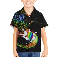 Custom Bowling Quarter Rainbow fFame Bowling Ball Family Matching Off The Shoulder Long Sleeve Dress and Hawaiian Shirt with Colorful Flaming Strike Design Rainbow Ball - Wonder Print Shop