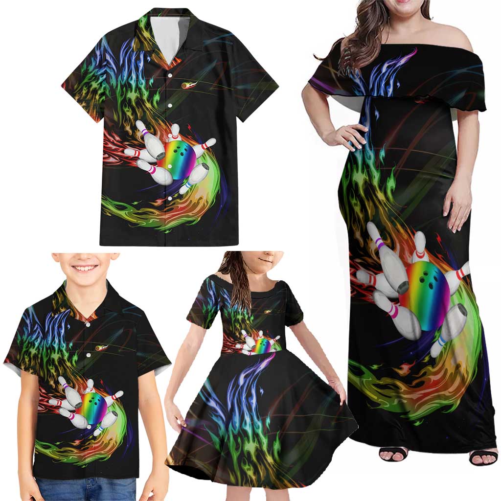 Custom Bowling Quarter Rainbow fFame Bowling Ball Family Matching Off Shoulder Maxi Dress and Hawaiian Shirt with Colorful Flaming Strike Design Rainbow Ball - Wonder Print Shop
