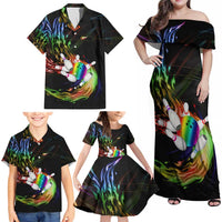 Custom Bowling Quarter Rainbow fFame Bowling Ball Family Matching Off Shoulder Maxi Dress and Hawaiian Shirt with Colorful Flaming Strike Design Rainbow Ball - Wonder Print Shop