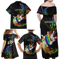 Custom Bowling Quarter Rainbow fFame Bowling Ball Family Matching Off Shoulder Maxi Dress and Hawaiian Shirt with Colorful Flaming Strike Design Rainbow Ball - Wonder Print Shop