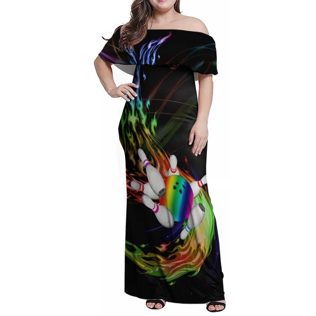 Custom Bowling Quarter Rainbow fFame Bowling Ball Family Matching Off Shoulder Maxi Dress and Hawaiian Shirt with Colorful Flaming Strike Design Rainbow Ball - Wonder Print Shop