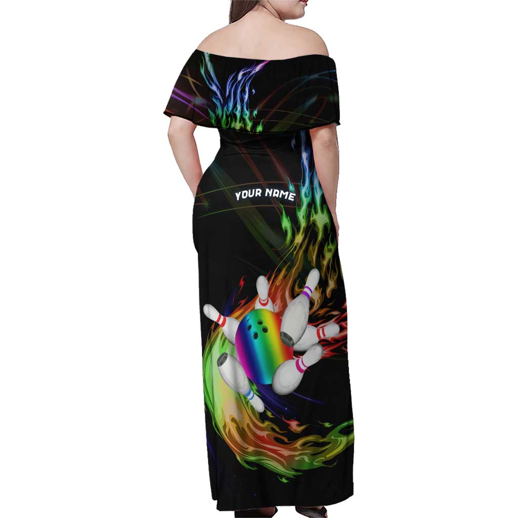 Custom Bowling Quarter Rainbow fFame Bowling Ball Family Matching Off Shoulder Maxi Dress and Hawaiian Shirt with Colorful Flaming Strike Design Rainbow Ball - Wonder Print Shop