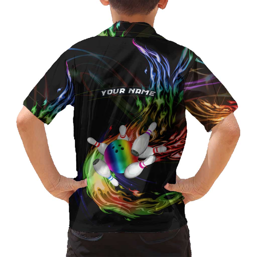 Custom Bowling Quarter Rainbow fFame Bowling Ball Family Matching Off Shoulder Short Dress and Hawaiian Shirt with Colorful Flaming Strike Design Rainbow Ball - Wonder Print Shop